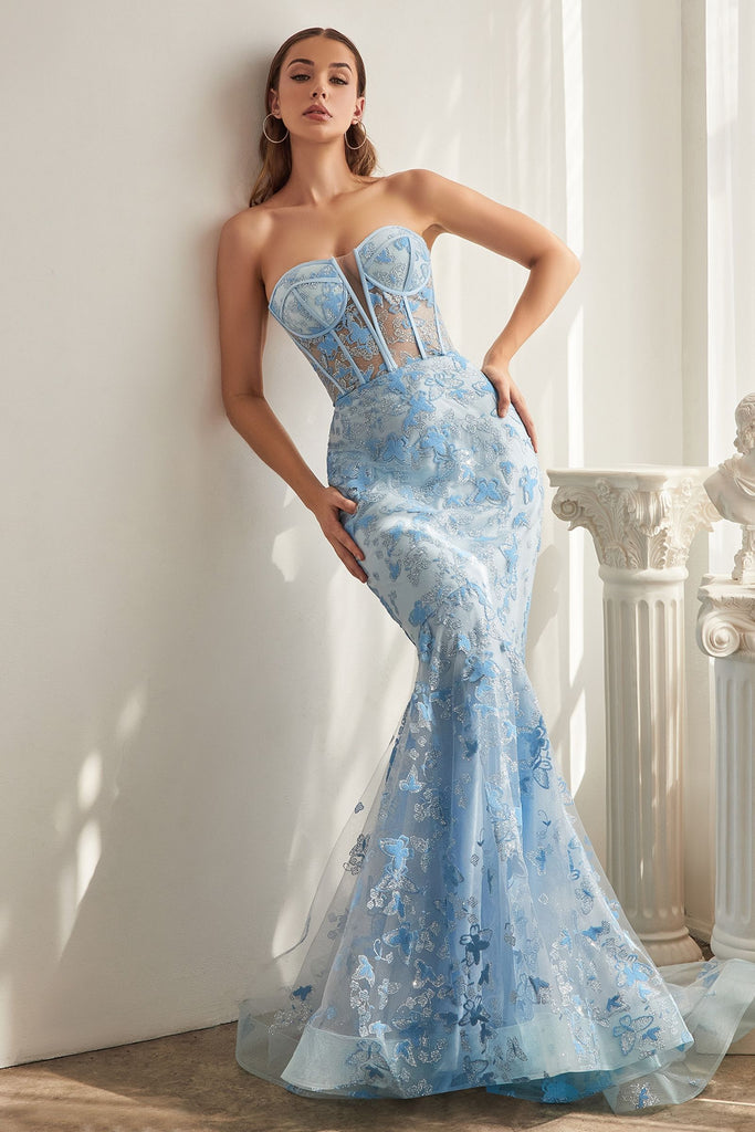 Strapless Butterfly Print Sheer Corset Bodice Luxury Gala mermaid Prom & Bridesmaid Dress CDCB099-2